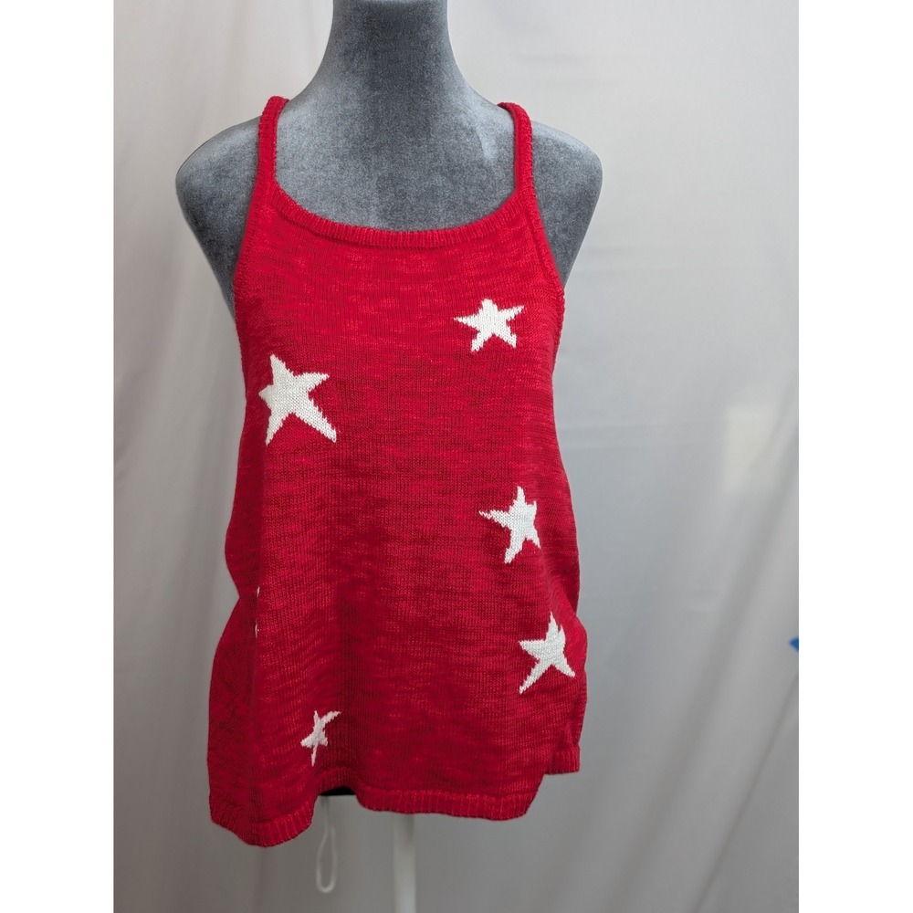 Freshman Womens Large Red Star Knit Sweater Tank Top Cross Back Y2K Patriotic
